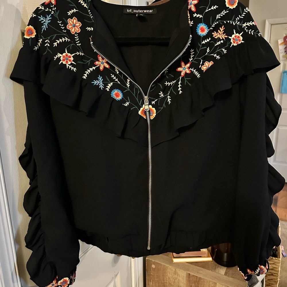 Zara Black Bomber Jacket with Floral Embroidery